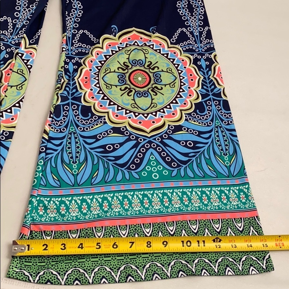 Multicolor navy blue pattern stretch palazzo pants L - Picture 7 of 10